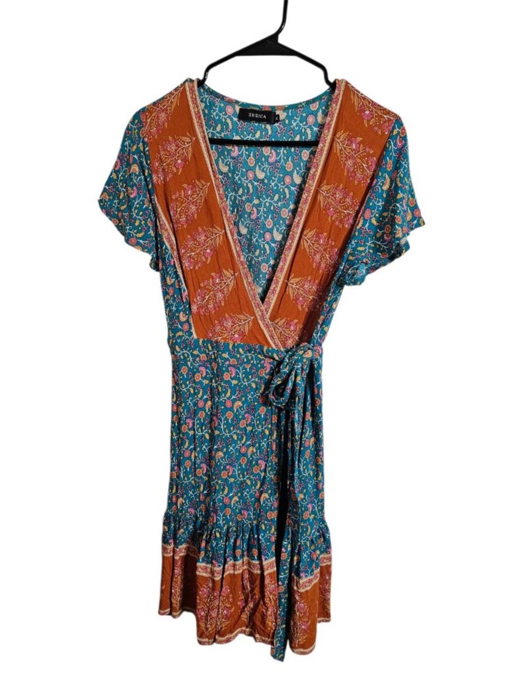 ZESICA Womens Medium Wrap Dress Blue Rust Floral Rayon Iconic Boho Festival Mini - Picture 2 of 8
